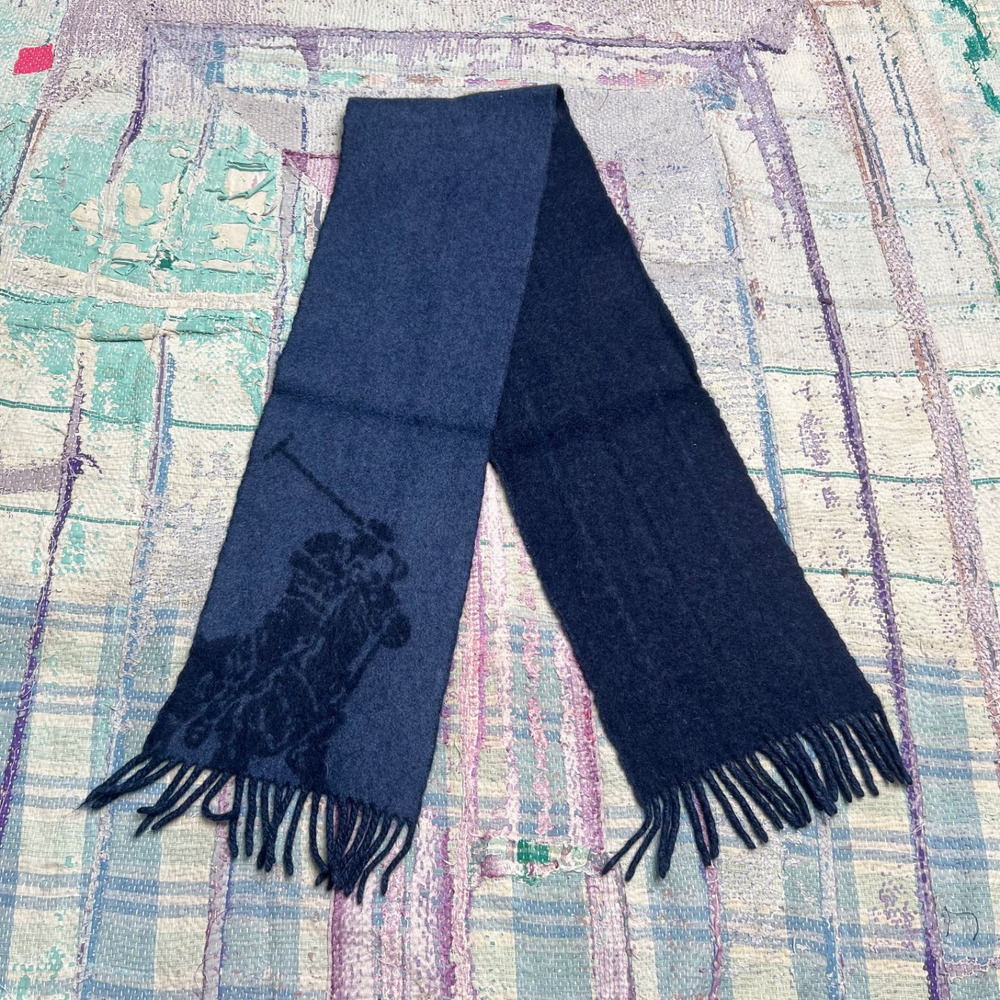 Polo Ralph Lauren Big Pony Scarf 100% Merino Wool Blue 64x10 Knit Preppy Italy